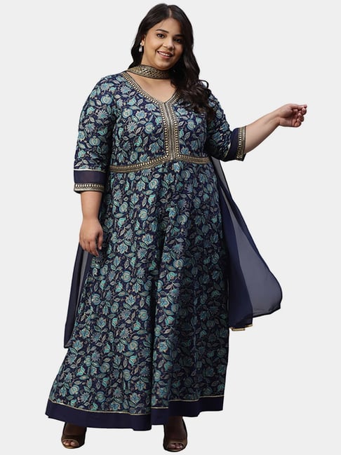 Aurelia Blue Printed Kurta With Dupatta