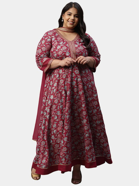 Aurelia Maroon Printed Kurta With Dupatta