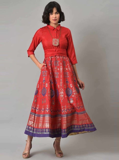 W Red Printed A-Line Dress Price in India