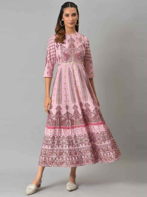 W Pink Floral Print A-Line Dress Price in India