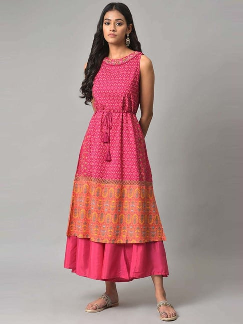 W Pink Floral Print A-Line Dress Price in India