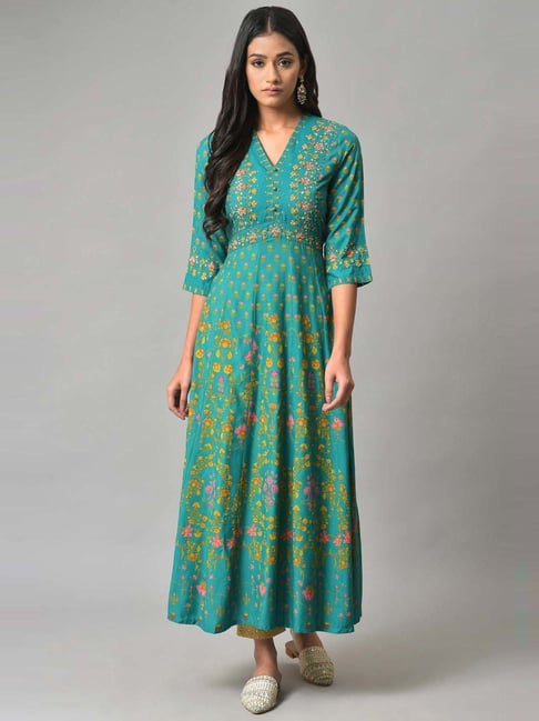 W Teal Green Floral Print A Line Kurta