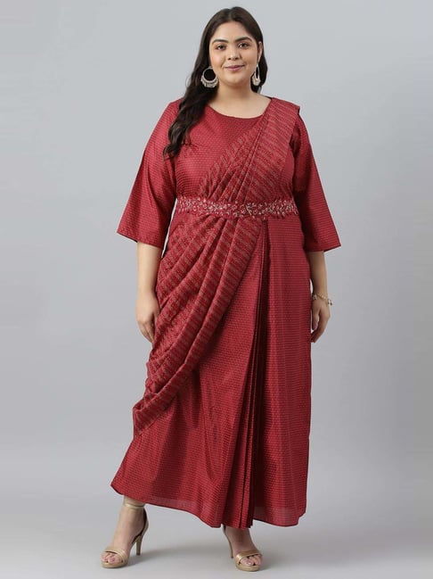 W Maroon Printed A Line Kurta With Attached Dupatta