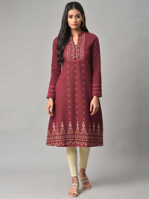 W Maroon Floral Print A Line Winter Kurta