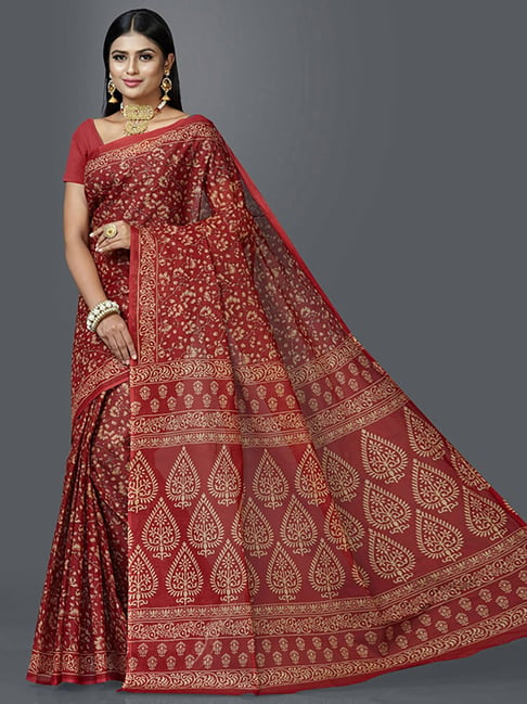 SHANVIKA Red Cotton Floral Print Saree Price in India