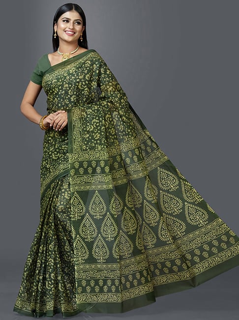 SHANVIKA Bottle Green Cotton Floral Print Saree Price in India