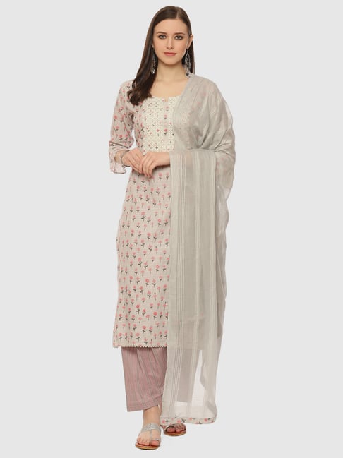 Biba Beige Cotton Embroidered Unstitched Dress Material