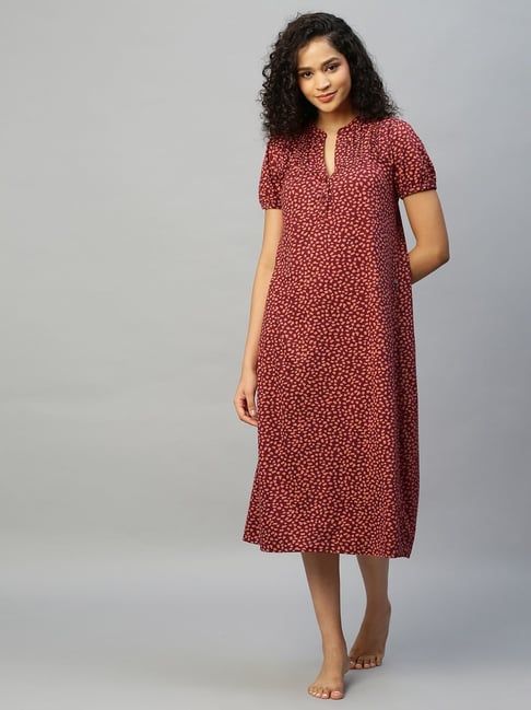 Chemistry Maroon Cotton Printed Night Dress