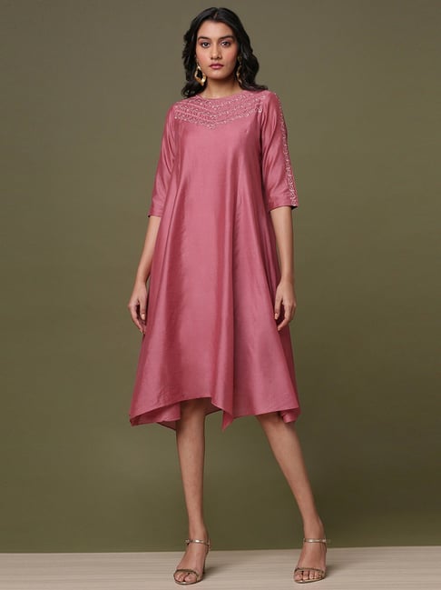 Marigold Lane Pink Embroidered A-Line Dress Price in India