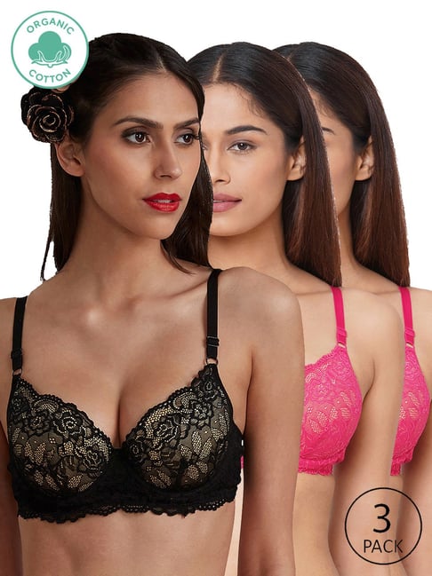 Inner Sense Organic Cotton Padded Underwired Lace Bras ( Pack Of 3)-Black  (30B)