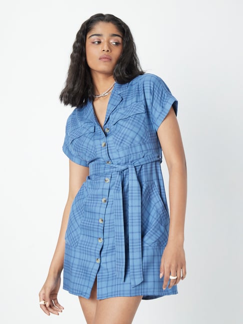 Nuon by Westside Blue Checkered Shirtdress