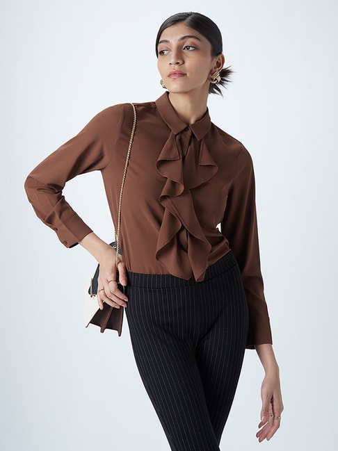 Wardrobe by Westside Brown Ruffle Detail Blouse Price in India