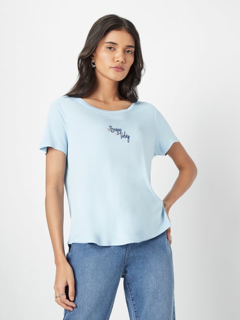 LOV by Westside Light Blue Text-Patterned T-Shirt Price in India