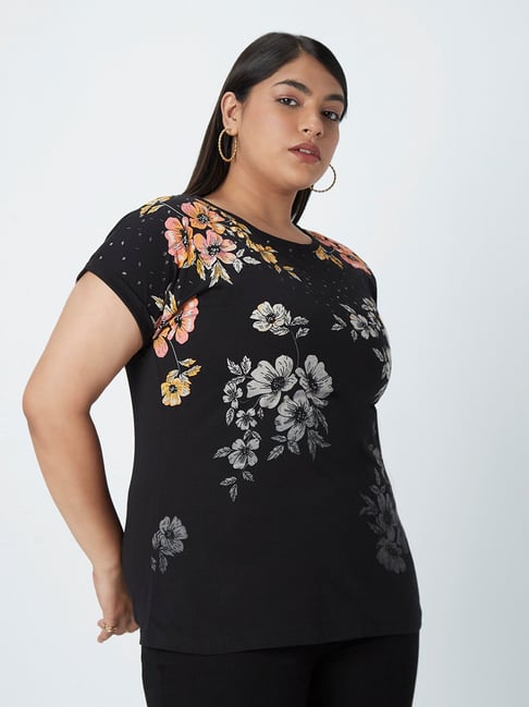 Gia Curves by Westside Black Floral-Printed T-Shirt Price in India