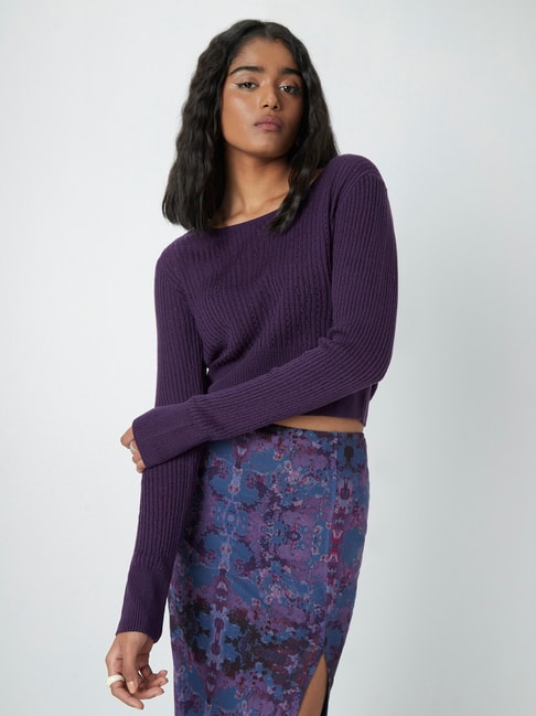 Nuon by Westside Plum Knitted Sweater Top Price in India