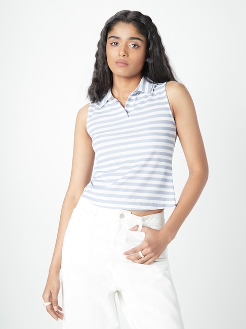 Nuon by Westside Blue Striped Polo Crop Top Price in India