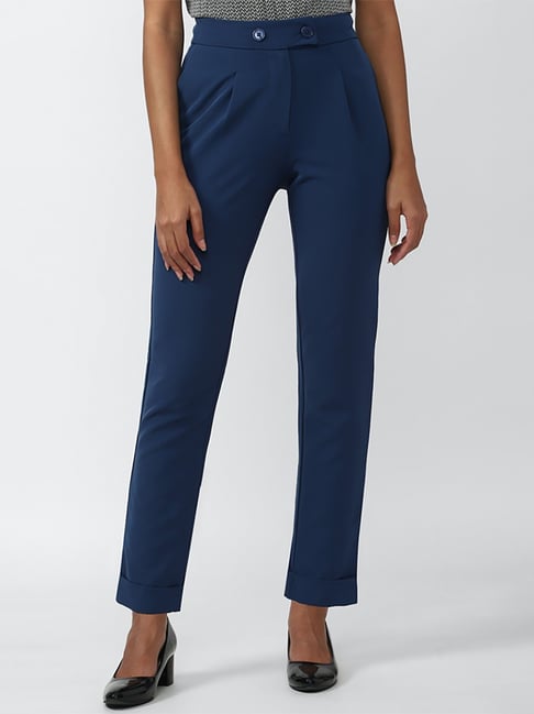 Buy ALLEN SOLLY Mid Blue Solid Regular Fit Cotton Womens Casual Trousers   Shoppers Stop