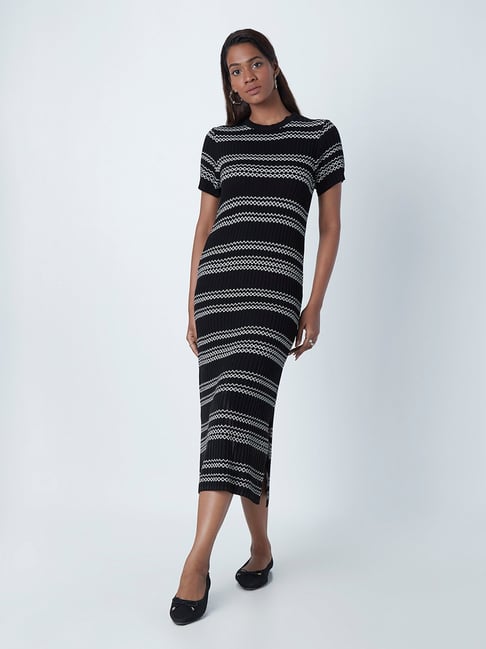Wardrobe by Westside Black Striped Cecil Knit Bodycon Dress Price in India