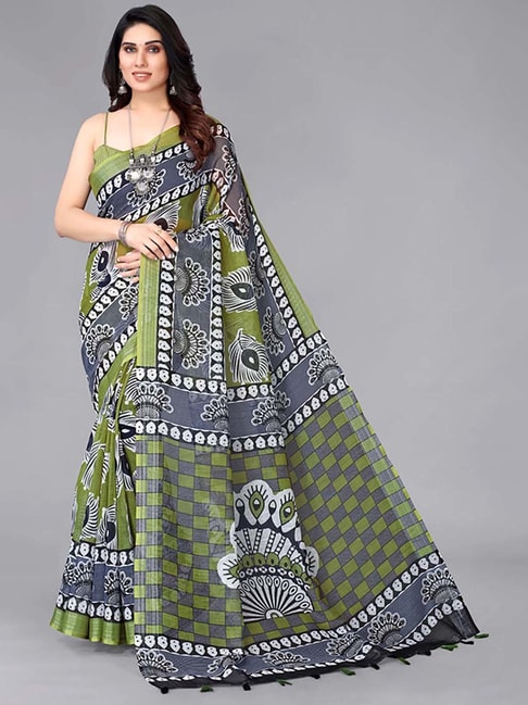 The Chennai Silks Green Floral Print Saree With Unstitched Blouse Price in India