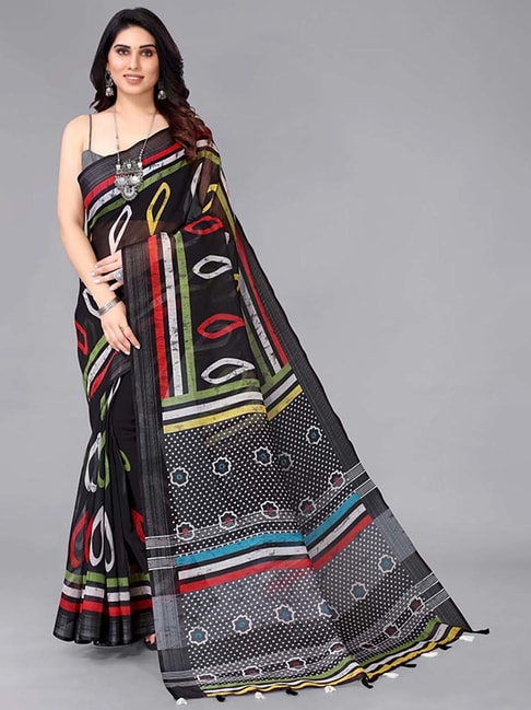 The Chennai Silks Black Printed Saree With Unstitched Blouse Price in India
