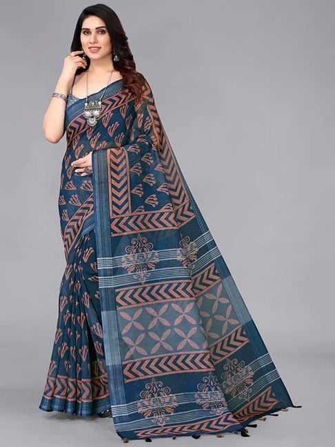 The Chennai Silks Blue Printed Saree With Unstitched Blouse Price in India