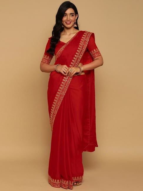 Satrani Red Embroidered Saree With Unstitched Blouse Price in India