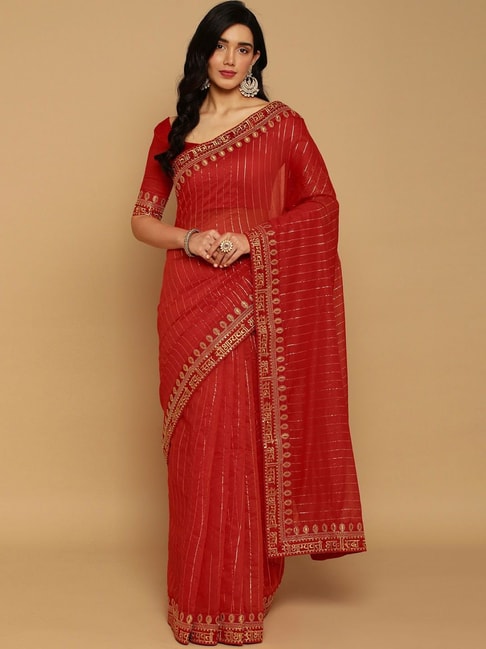 Satrani Red Embroidered Saree With Unstitched Blouse Price in India