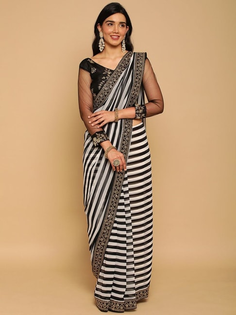 Satrani White & Black Embellished Saree With Unstitched Blouse Price in India