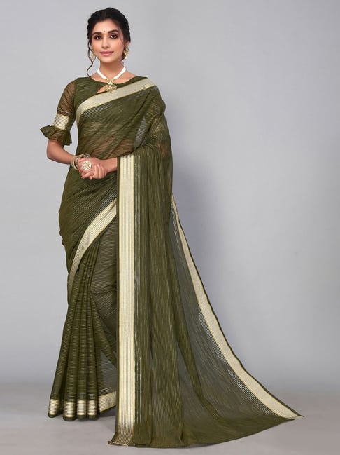 Satrani Green Woven Saree With Unstitched Blouse Price in India