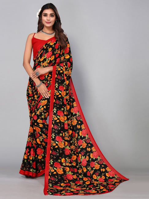 Satrani Black Printed Saree With Unstitched Blouse Price in India