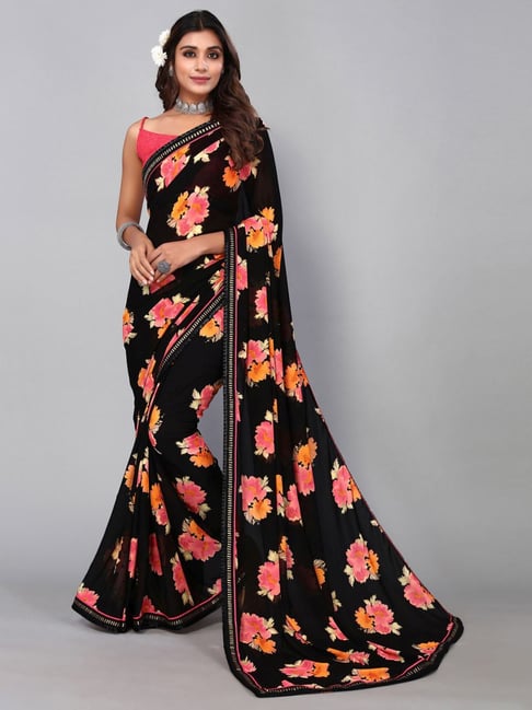 Satrani Black Printed Saree With Unstitched Blouse Price in India