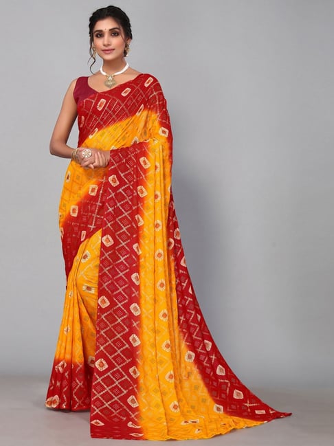 Satrani Yellow & Red Printed Saree With Unstitched Blouse Price in India