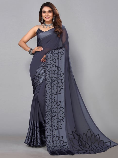 Satrani Grey Printed Saree With Unstitched Blouse Price in India