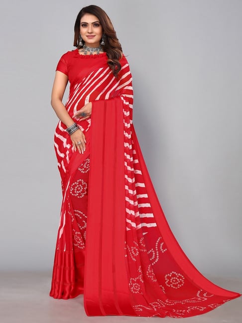 Satrani Red Printed Saree With Unstitched Blouse Price in India