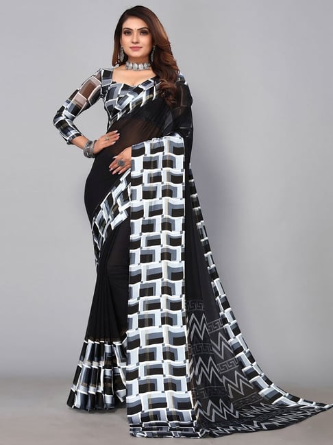 Satrani Black Printed Saree With Unstitched Blouse Price in India