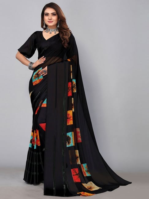 Satrani Black Printed Saree With Unstitched Blouse Price in India