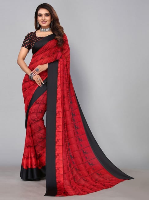 Satrani Red Printed Saree With Unstitched Blouse Price in India