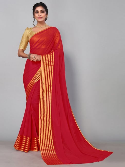 Satrani Red Woven Saree With Unstitched Blouse Price in India