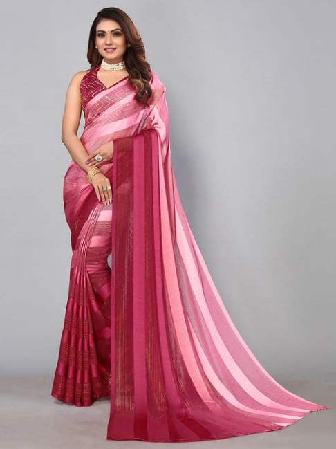 Satrani Pink Striped Saree With Unstitched Blouse Price in India