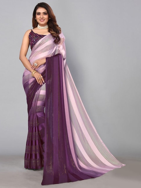 Satrani Purple & Pink Striped Saree With Unstitched Blouse Price in India