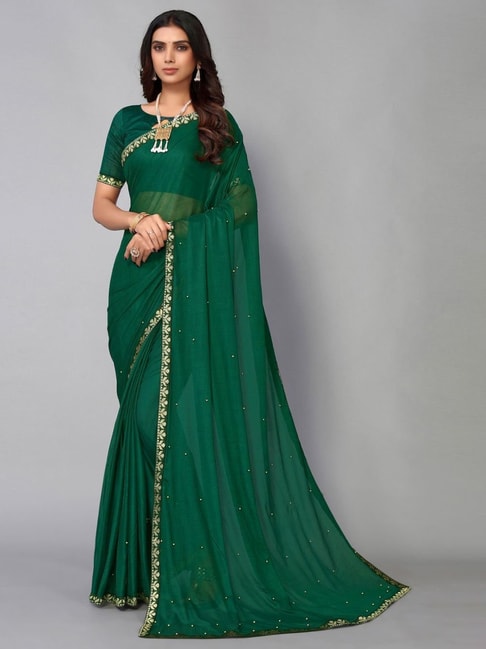 Satrani Green Embellished Saree With Unstitched Blouse Price in India