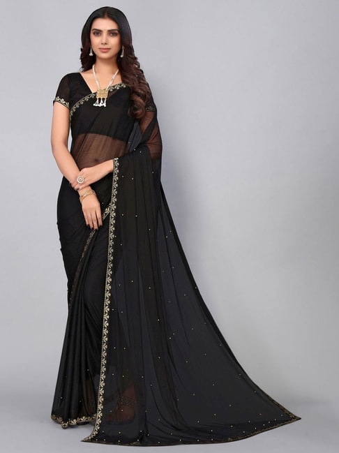 Satrani Black Embellished Saree With Unstitched Blouse Price in India