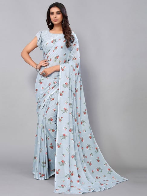 Satrani Grey Printed Saree With Unstitched Blouse Price in India