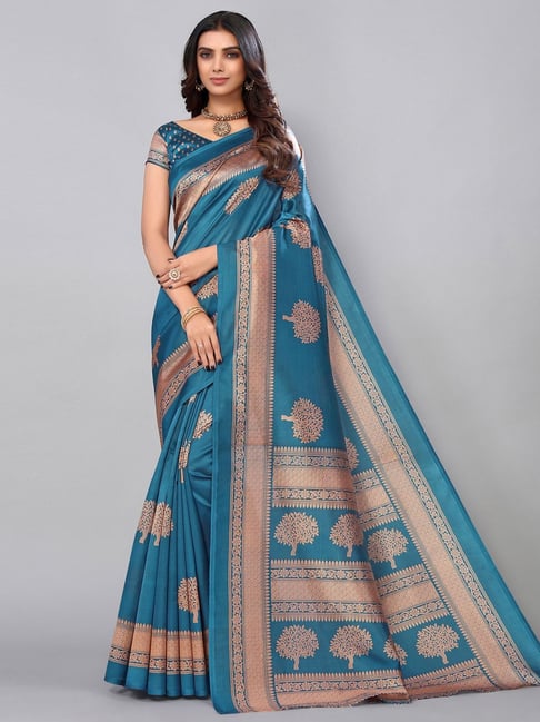 Satrani Blue Woven Saree With Unstitched Blouse Price in India