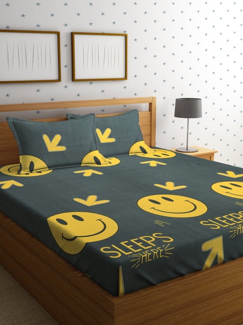 HOSTA HOMES Printed Multicolor 220 TC Glace Cotton Queen Kids Bed Sheet with 2 Pillow Covers