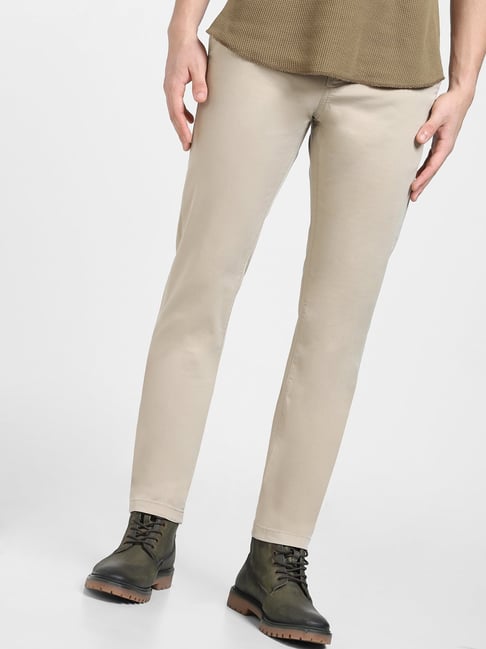 Jack & Jones Beige Regular Fit Flat Front Trousers