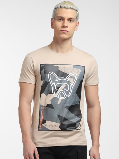 Jack & Jones Beige Cotton Slim Fit Printed T-Shirt