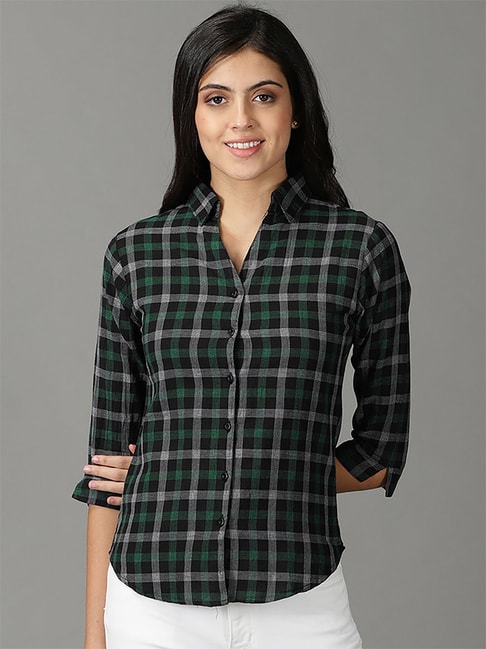 SHOWOFF Black & Green Cotton Chequered Shirt Price in India