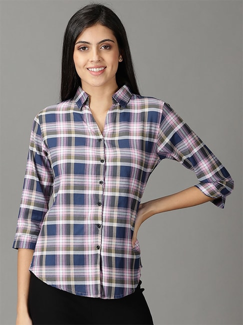 SHOWOFF Blue & Pink Cotton Chequered Shirt Price in India