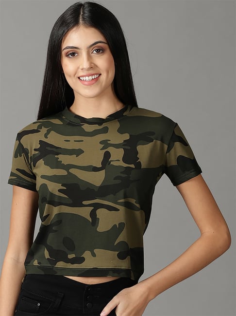 SHOWOFFFF Olive Green Cotton Camouflage Print Top